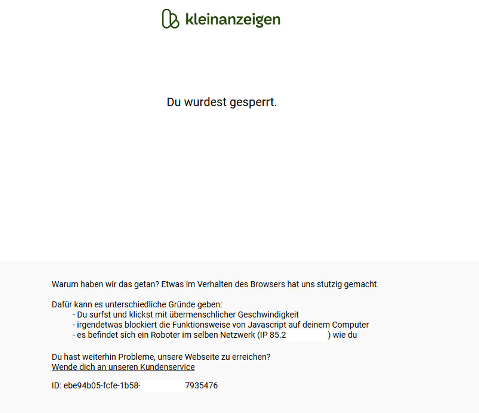 Screenshot der 'Du wurdest gesperrt' Fehlermeldung bei Kleinanzeigen