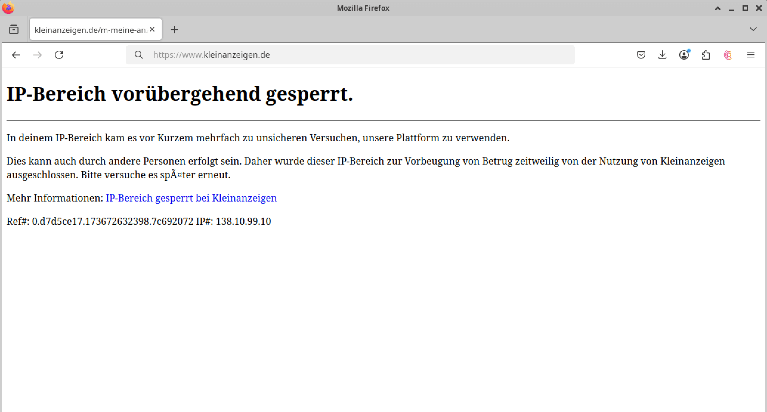 IP-Bereich gesperrt Meldung